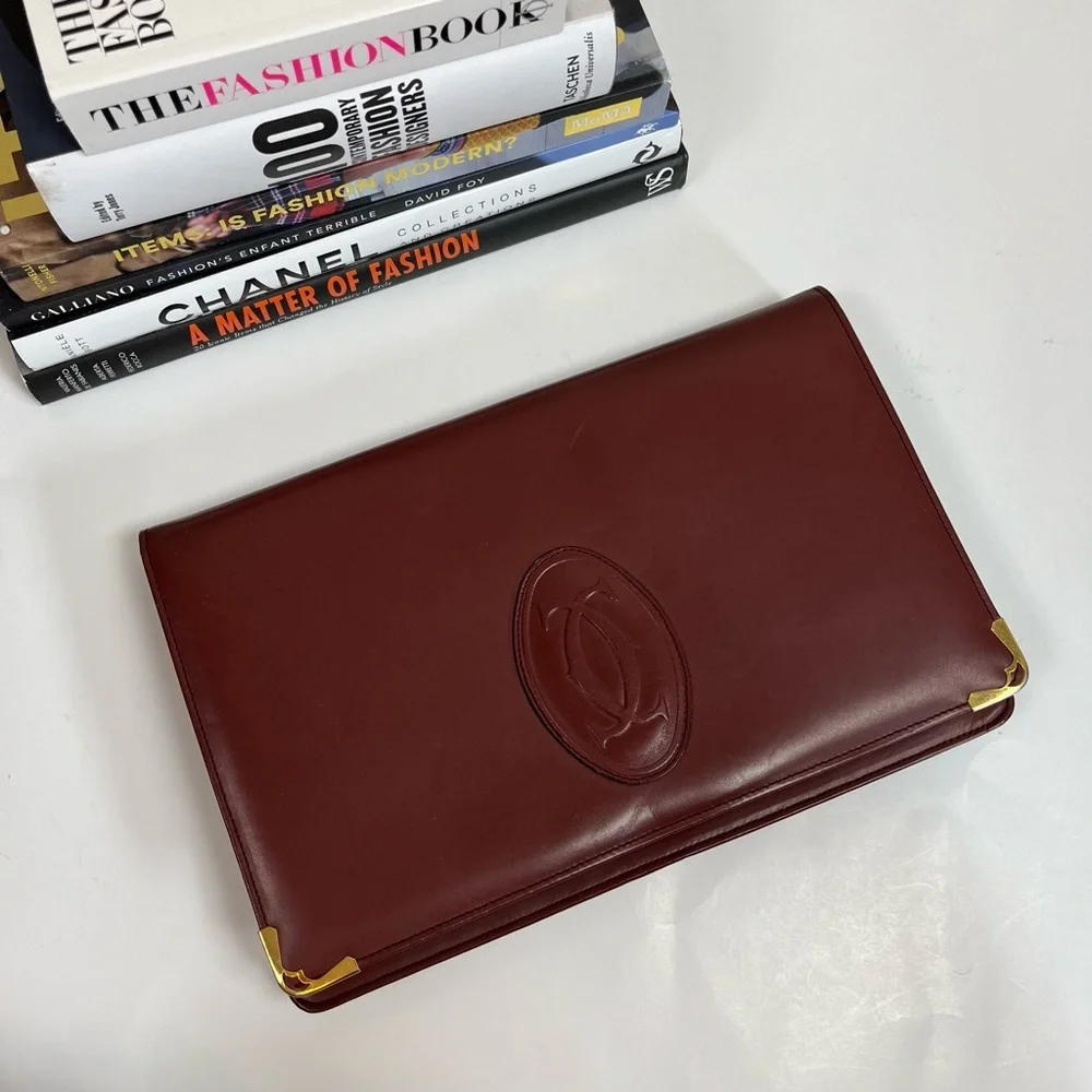 Cartier Clutch Bag Red Bordeaux Burgundy Leather Gold Hardware Large